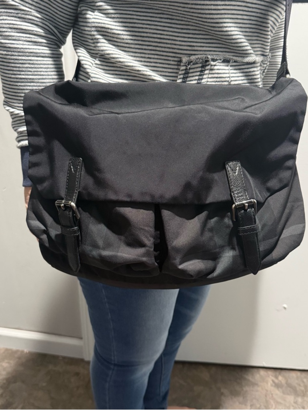 Burberry Black navy dark green Crossbody Messenger Bag with Buckle Straps